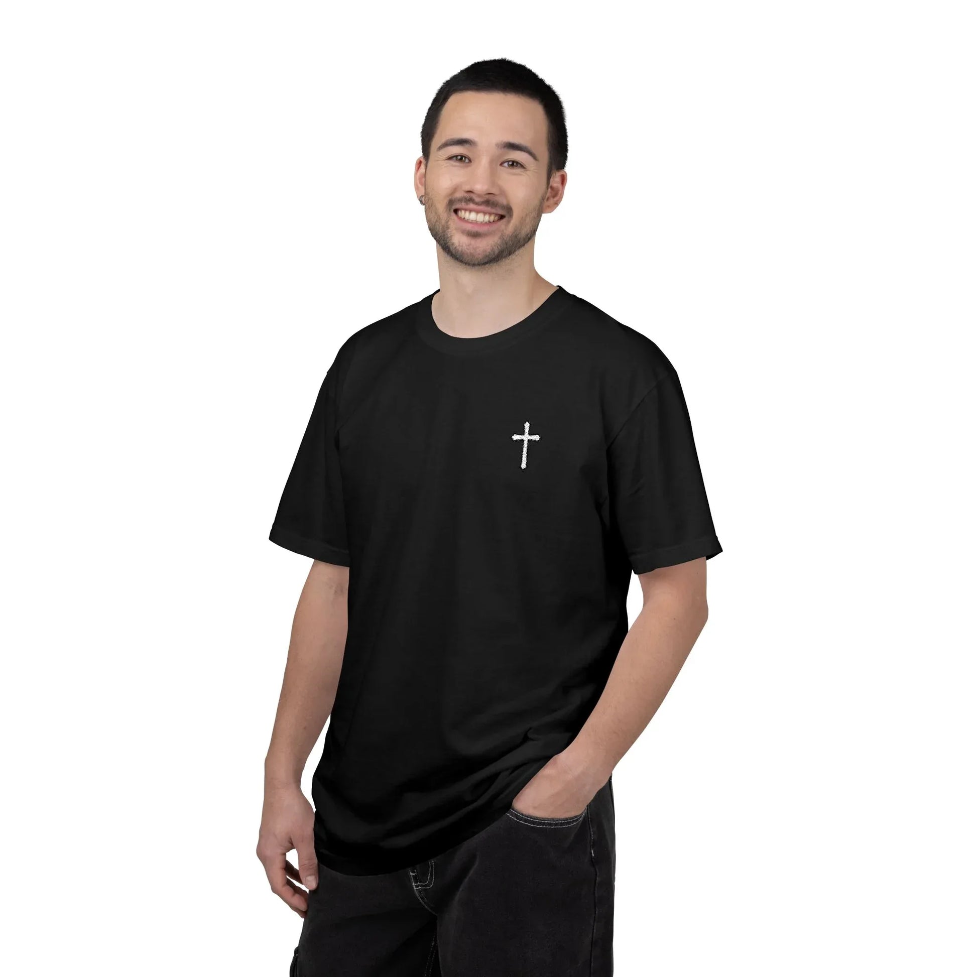 Cross Embroidered Tee T-Shirt | Garment-Dyed Vintage Cotton - Sheep Of Jesus