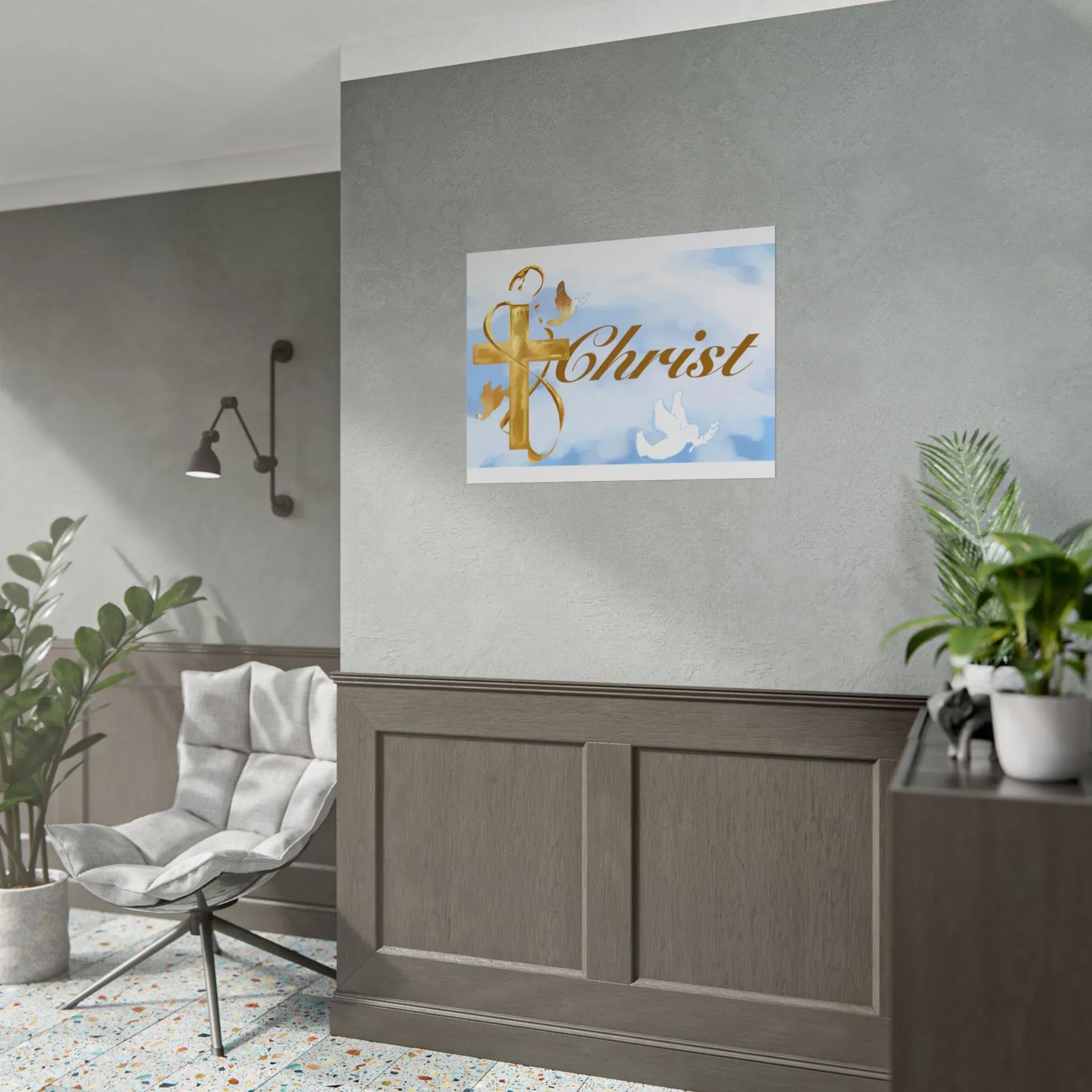 Christian Faith Rolled Poster — Gold Cross & Doves "Christ" Wall Art - Cloud Background Edition - Sheep Of Jesus