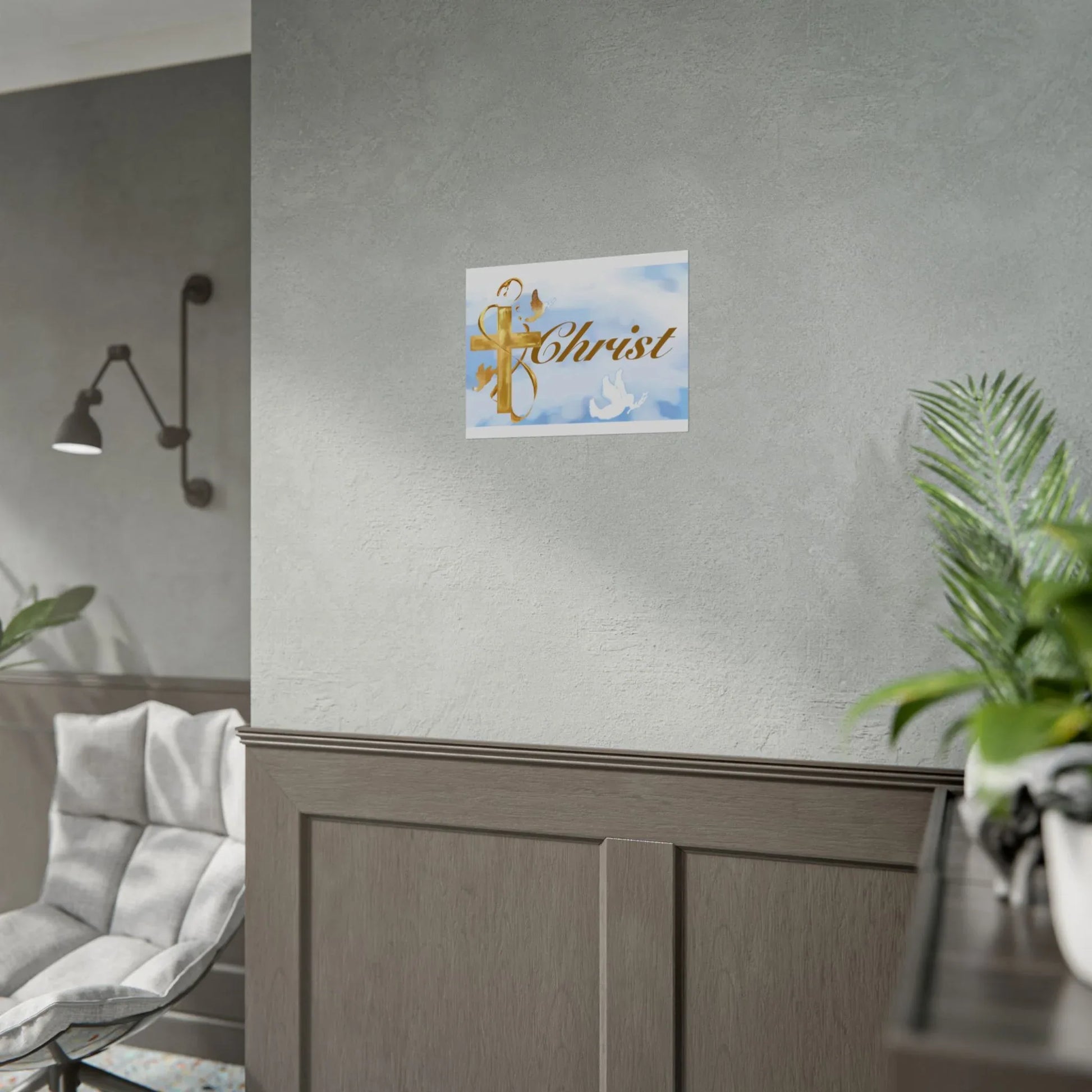 Christian Faith Rolled Poster — Gold Cross & Doves "Christ" Wall Art - Cloud Background Edition - Sheep Of Jesus