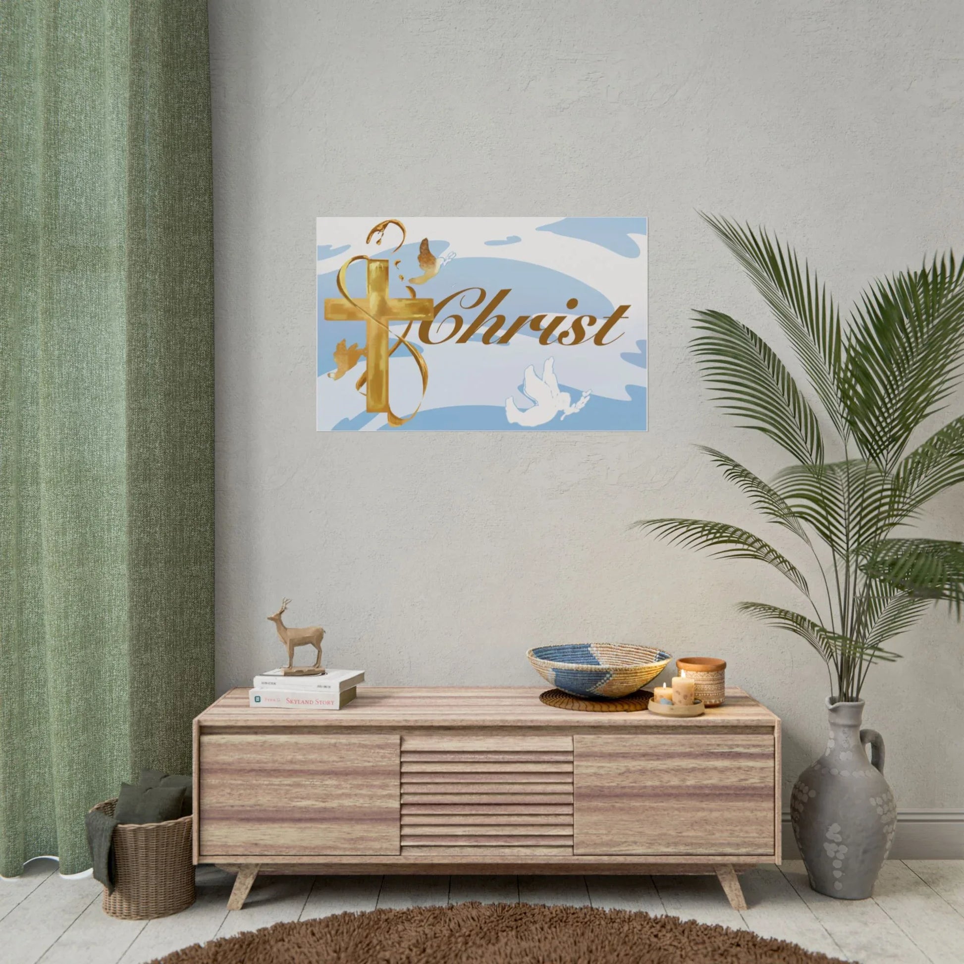 Christian Faith Rolled Poster — Gold Cross & Doves "Christ" Wall Art - Simple Background Edition - Sheep Of Jesus