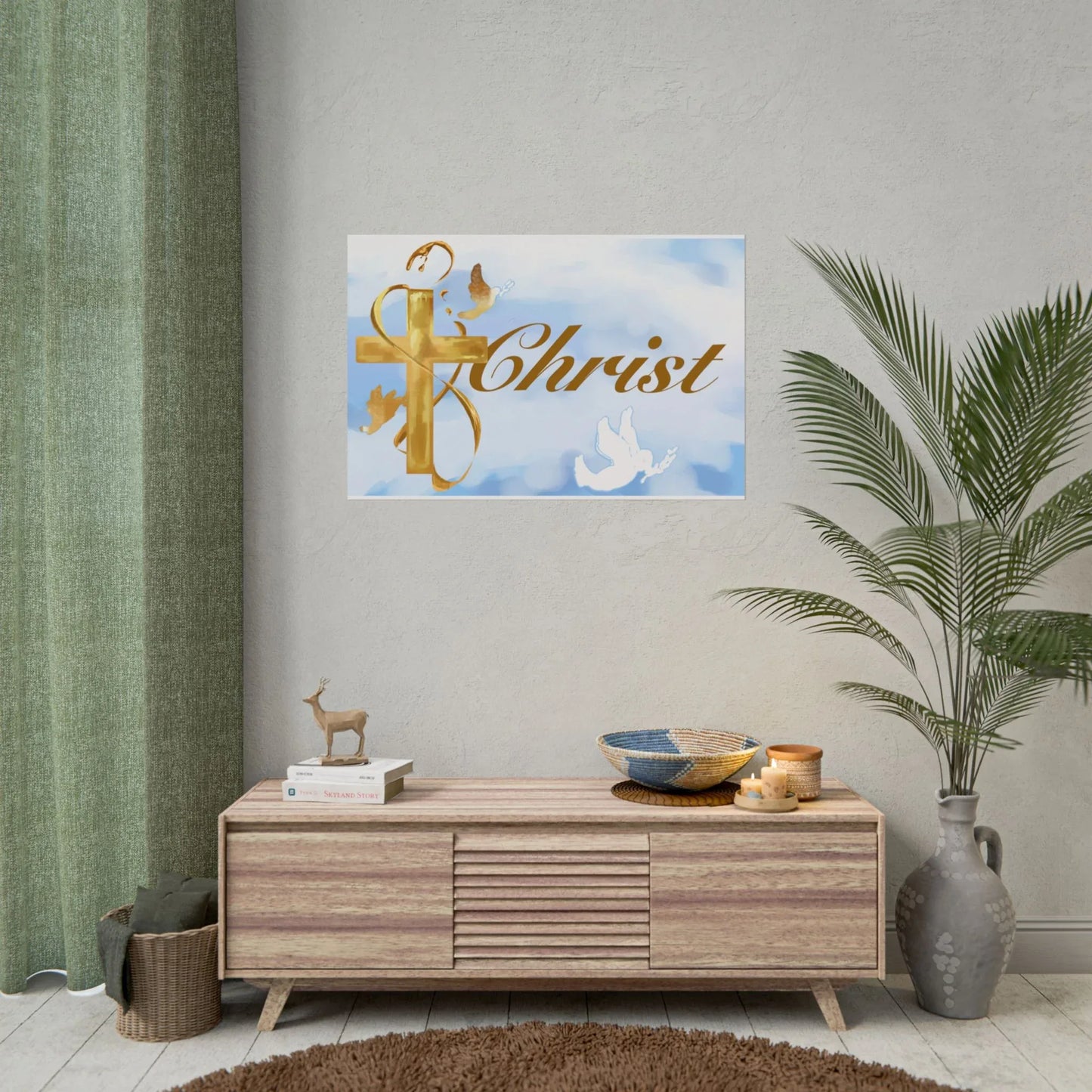 Christian Faith Rolled Poster — Gold Cross & Doves "Christ" Wall Art - Cloud Background Edition - Sheep Of Jesus