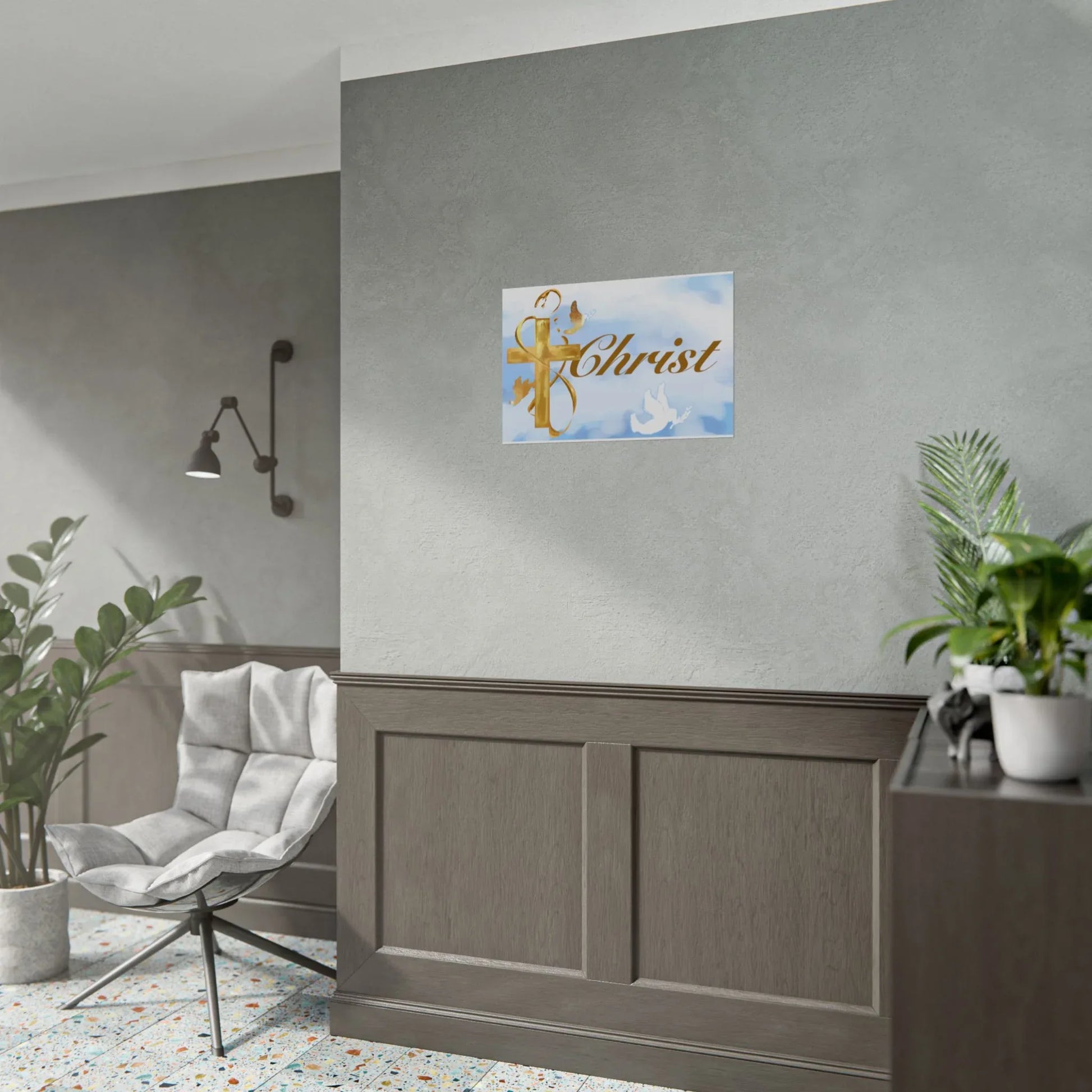 Christian Faith Rolled Poster — Gold Cross & Doves "Christ" Wall Art - Cloud Background Edition - Sheep Of Jesus