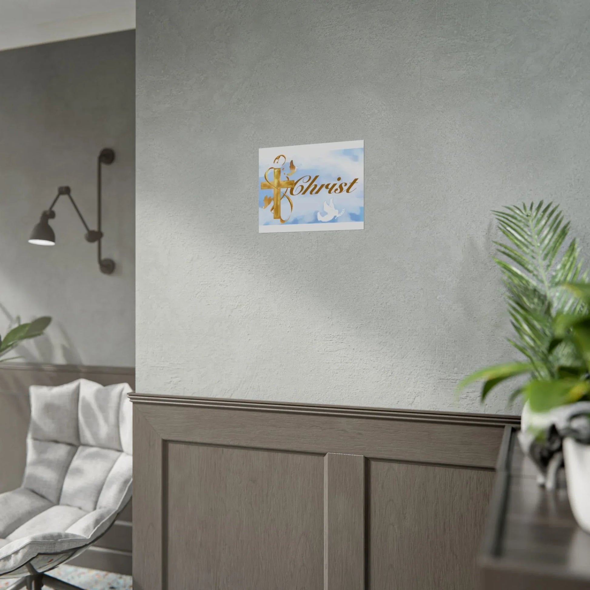 Christian Faith Rolled Poster — Gold Cross & Doves "Christ" Wall Art - Cloud Background Edition - Sheep Of Jesus