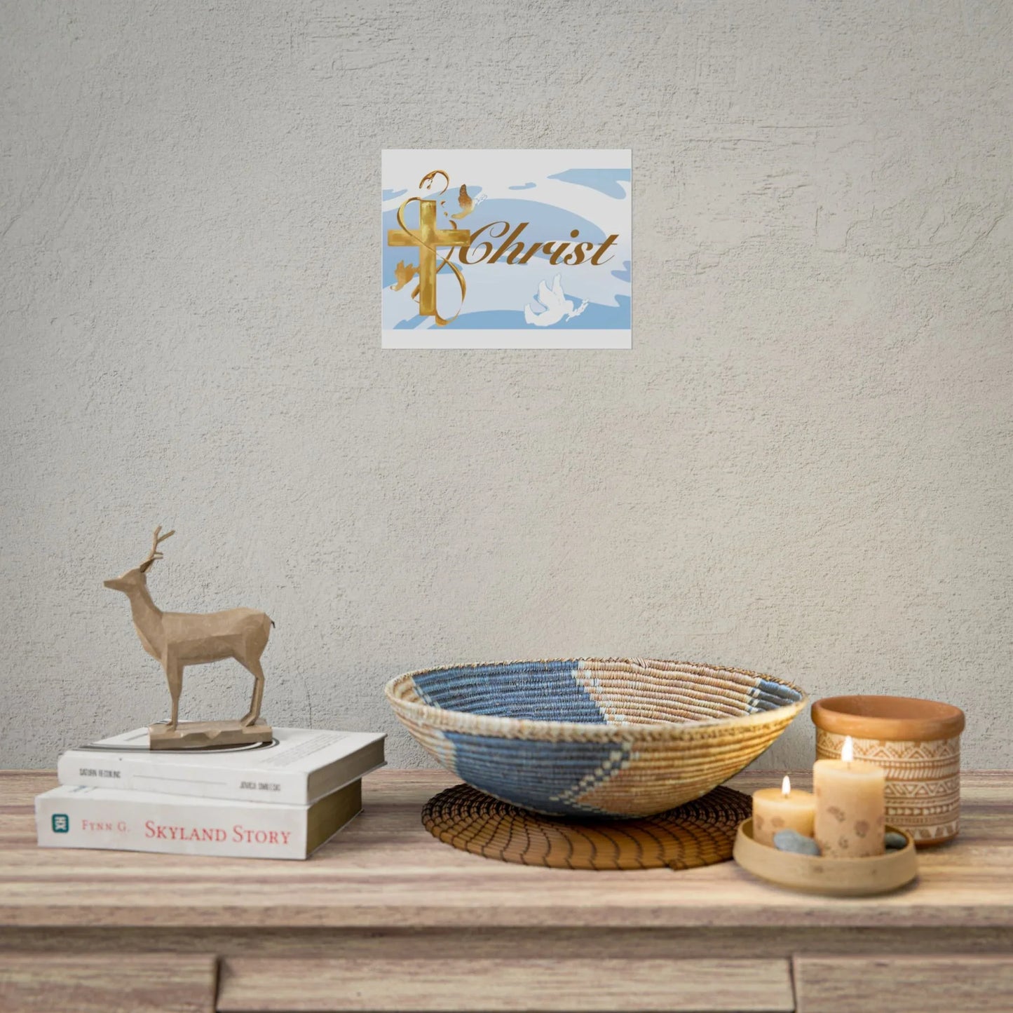 Christian Faith Rolled Poster — Gold Cross & Doves "Christ" Wall Art - Simple Background Edition - Sheep Of Jesus