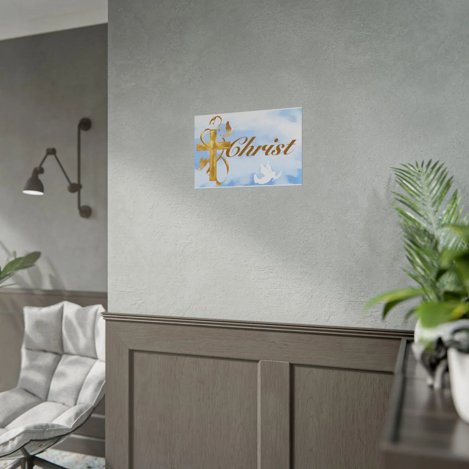 Christian Faith Rolled Poster — Gold Cross & Doves "Christ" Wall Art - Cloud Background Edition - Sheep Of Jesus