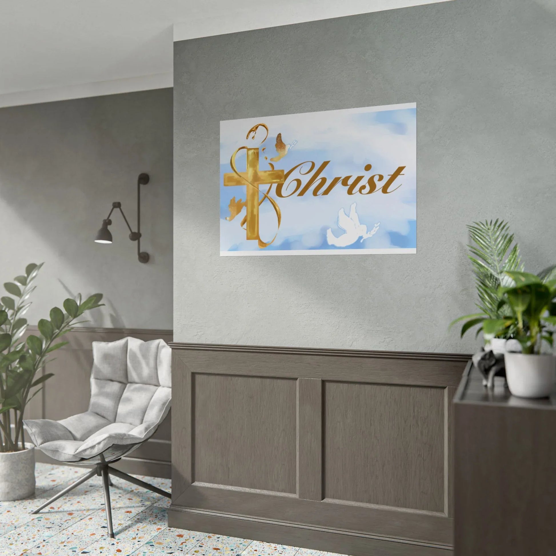 Christian Faith Rolled Poster — Gold Cross & Doves "Christ" Wall Art - Cloud Background Edition - Sheep Of Jesus