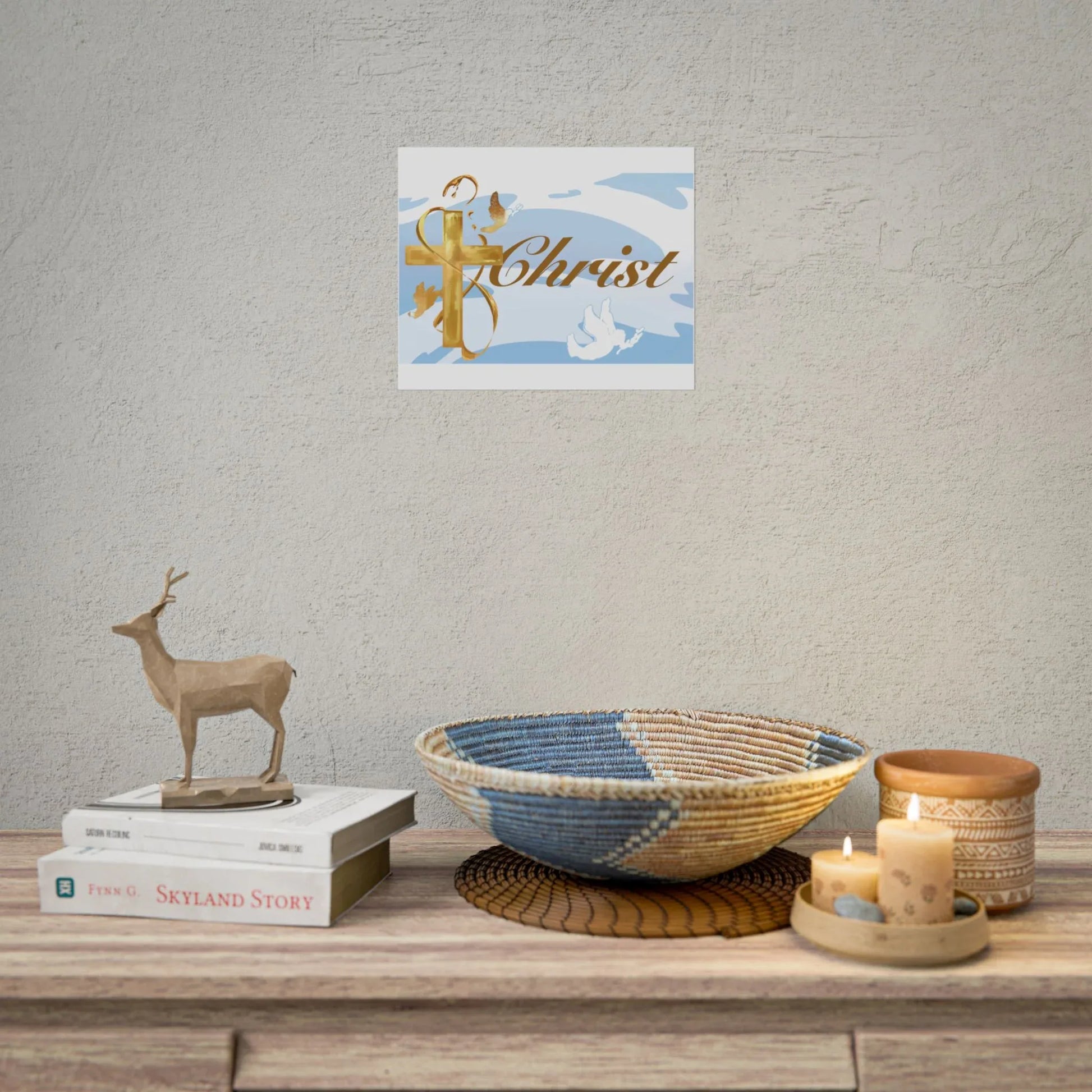 Christian Faith Rolled Poster — Gold Cross & Doves "Christ" Wall Art - Simple Background Edition - Sheep Of Jesus