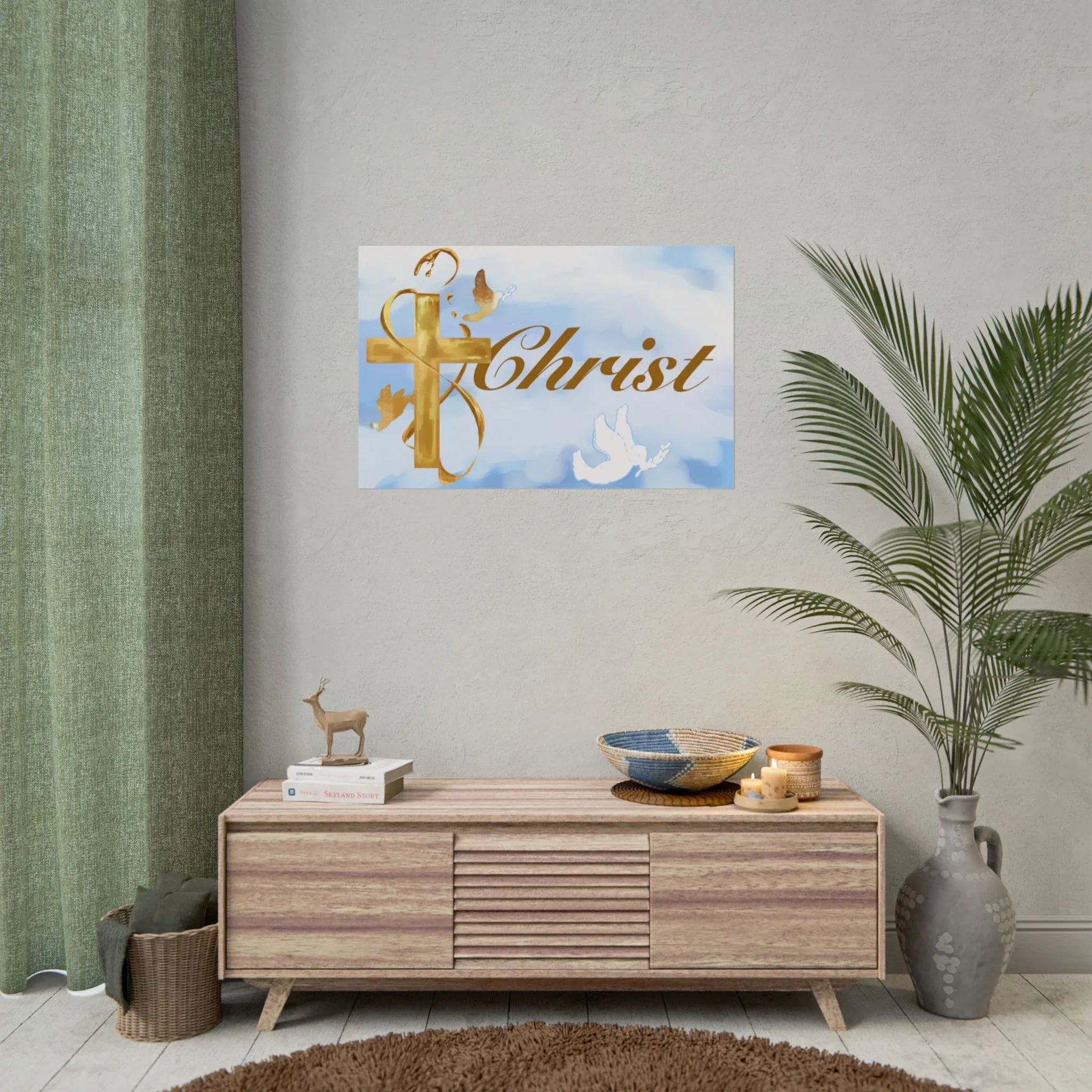 Christian Faith Rolled Poster — Gold Cross & Doves "Christ" Wall Art - Cloud Background Edition - Sheep Of Jesus