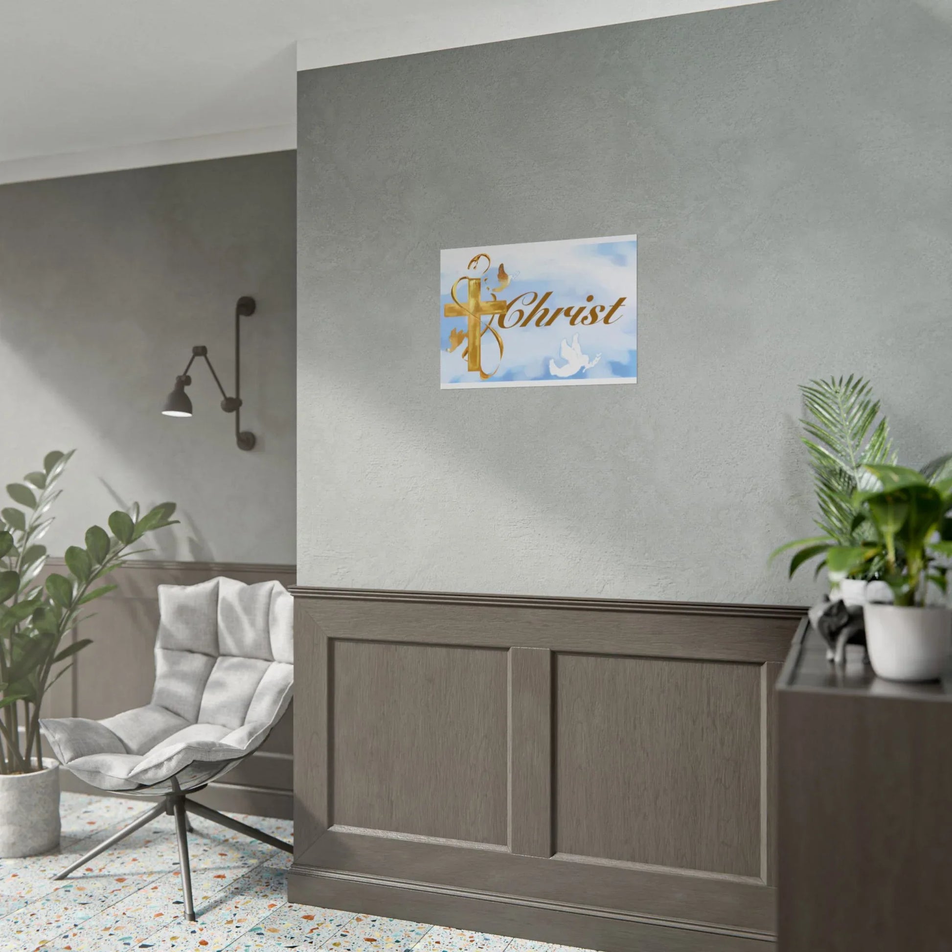 Christian Faith Rolled Poster — Gold Cross & Doves "Christ" Wall Art - Cloud Background Edition - Sheep Of Jesus