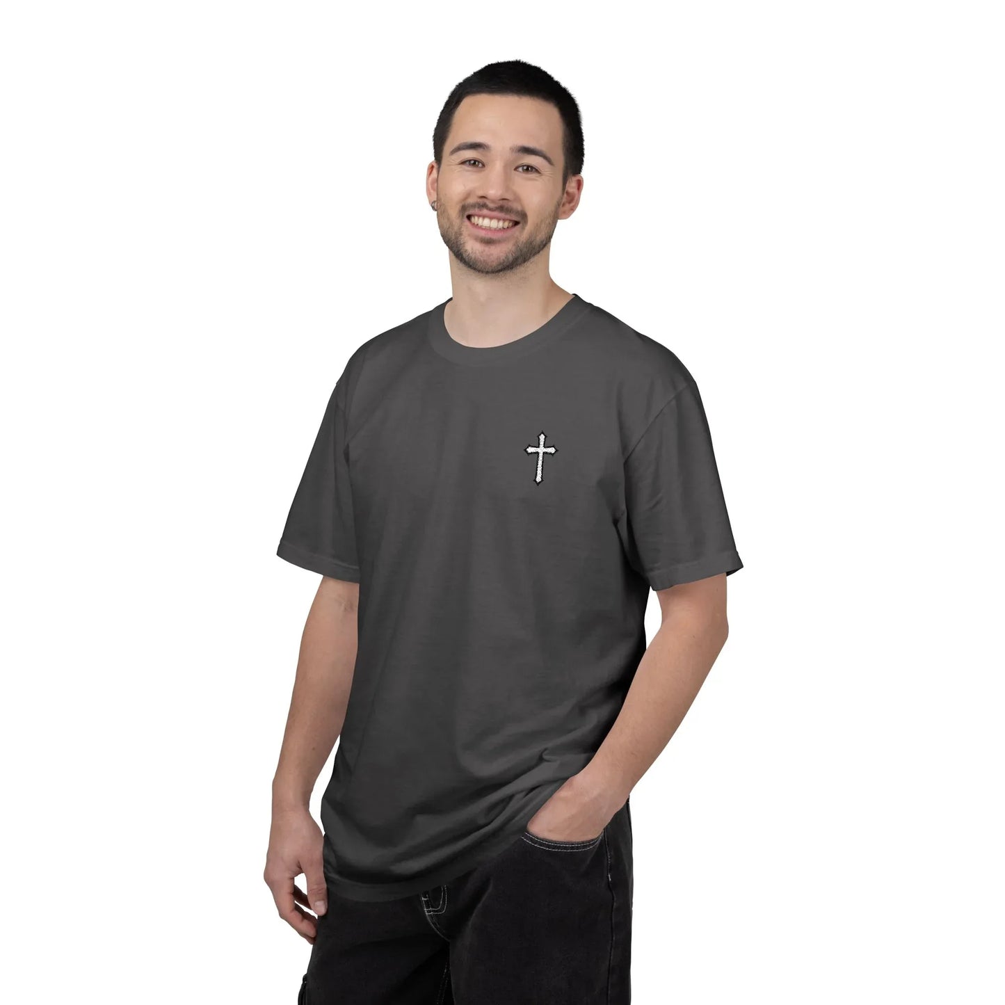 Cross Embroidered Tee T-Shirt | Garment-Dyed Vintage Cotton - Sheep Of Jesus
