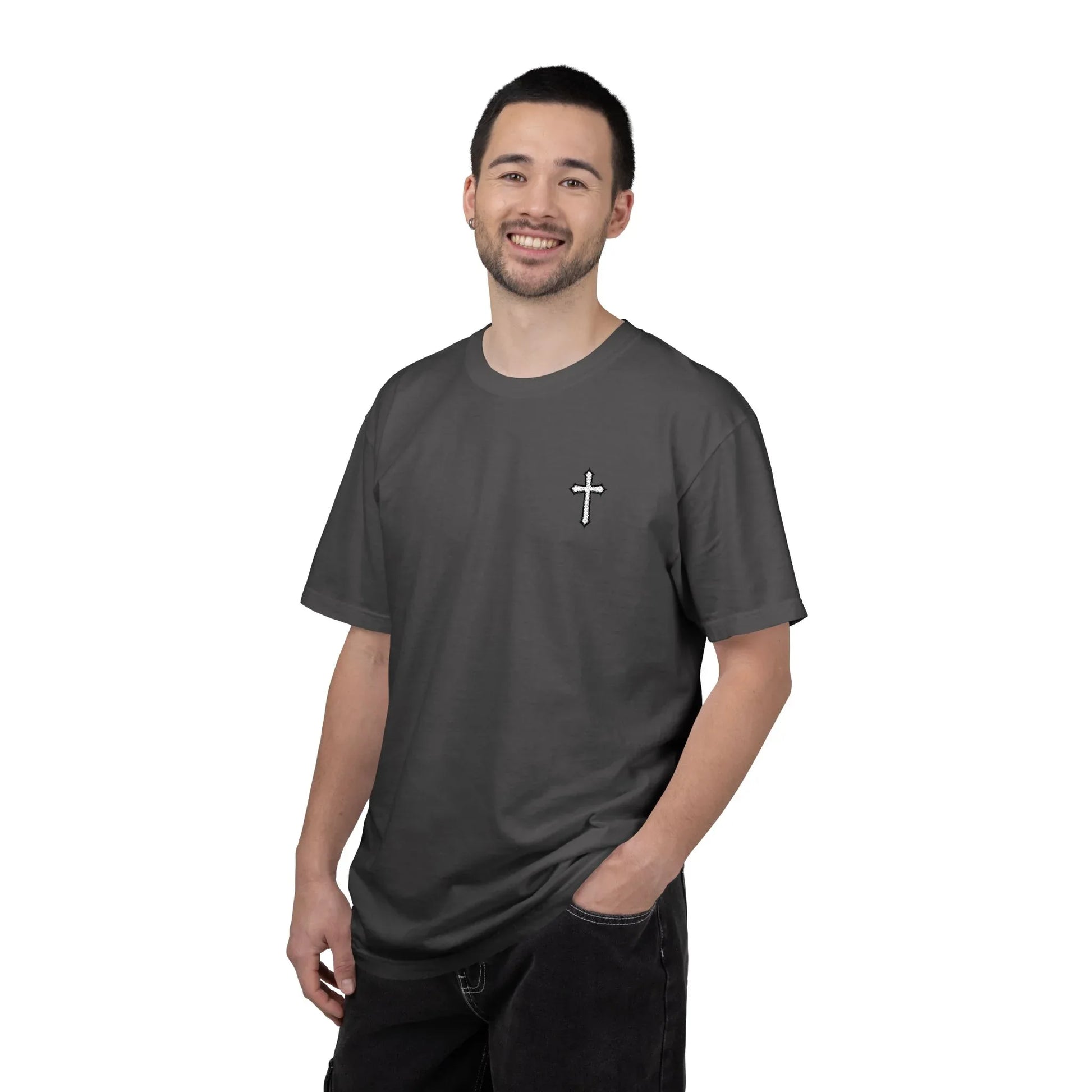 Cross Embroidered Tee T-Shirt | Garment-Dyed Vintage Cotton - Sheep Of Jesus