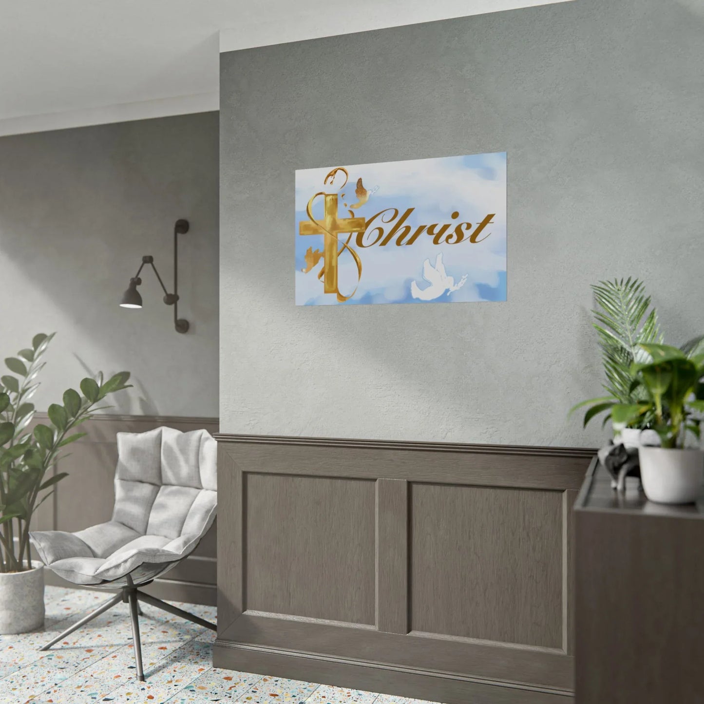 Christian Faith Rolled Poster — Gold Cross & Doves "Christ" Wall Art - Cloud Background Edition - Sheep Of Jesus