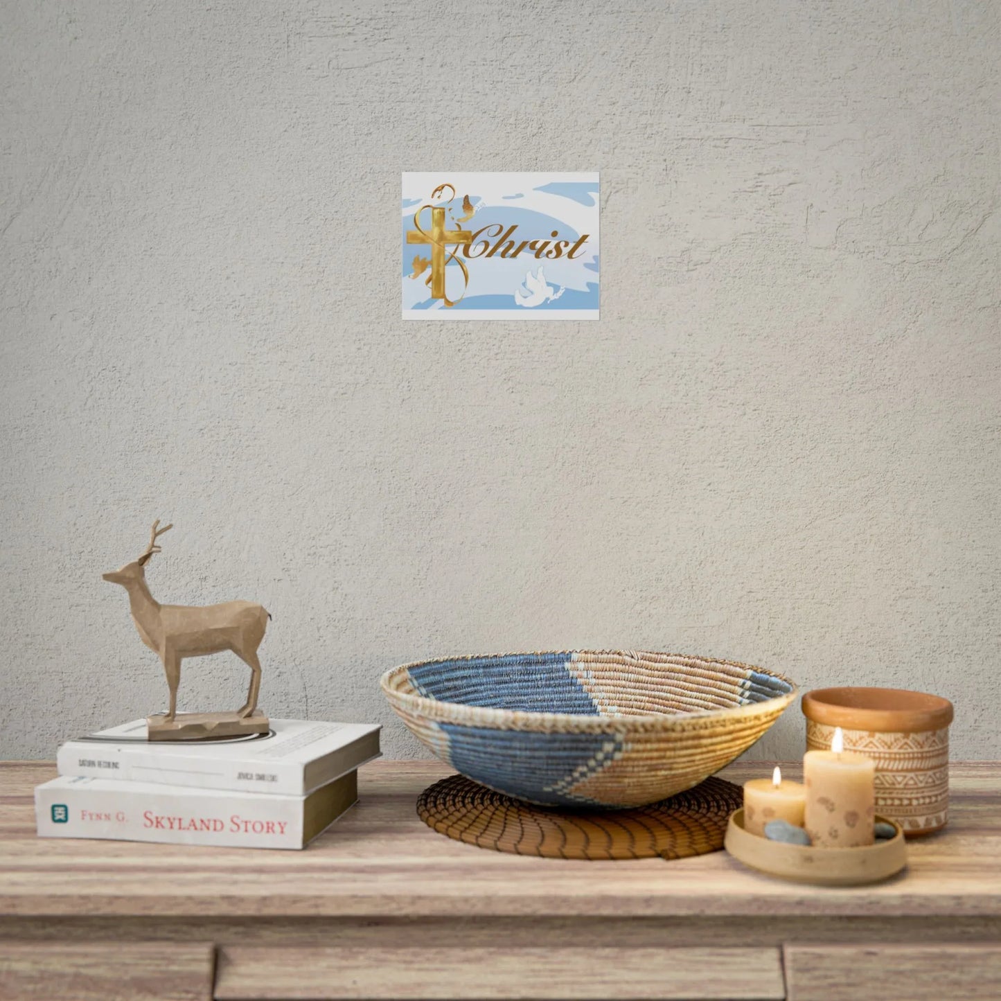 Christian Faith Rolled Poster — Gold Cross & Doves "Christ" Wall Art - Simple Background Edition - Sheep Of Jesus