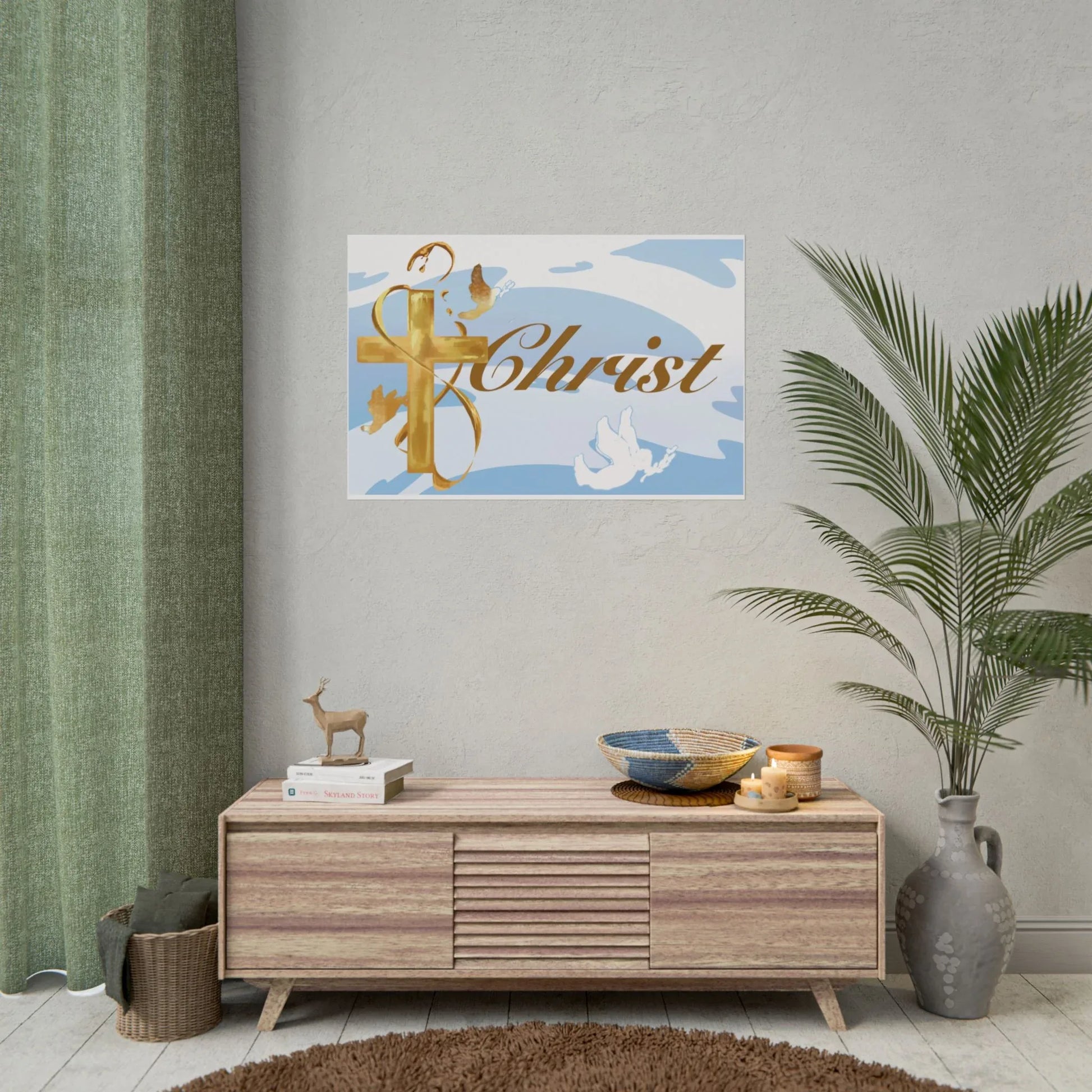 Christian Faith Rolled Poster — Gold Cross & Doves "Christ" Wall Art - Simple Background Edition - Sheep Of Jesus