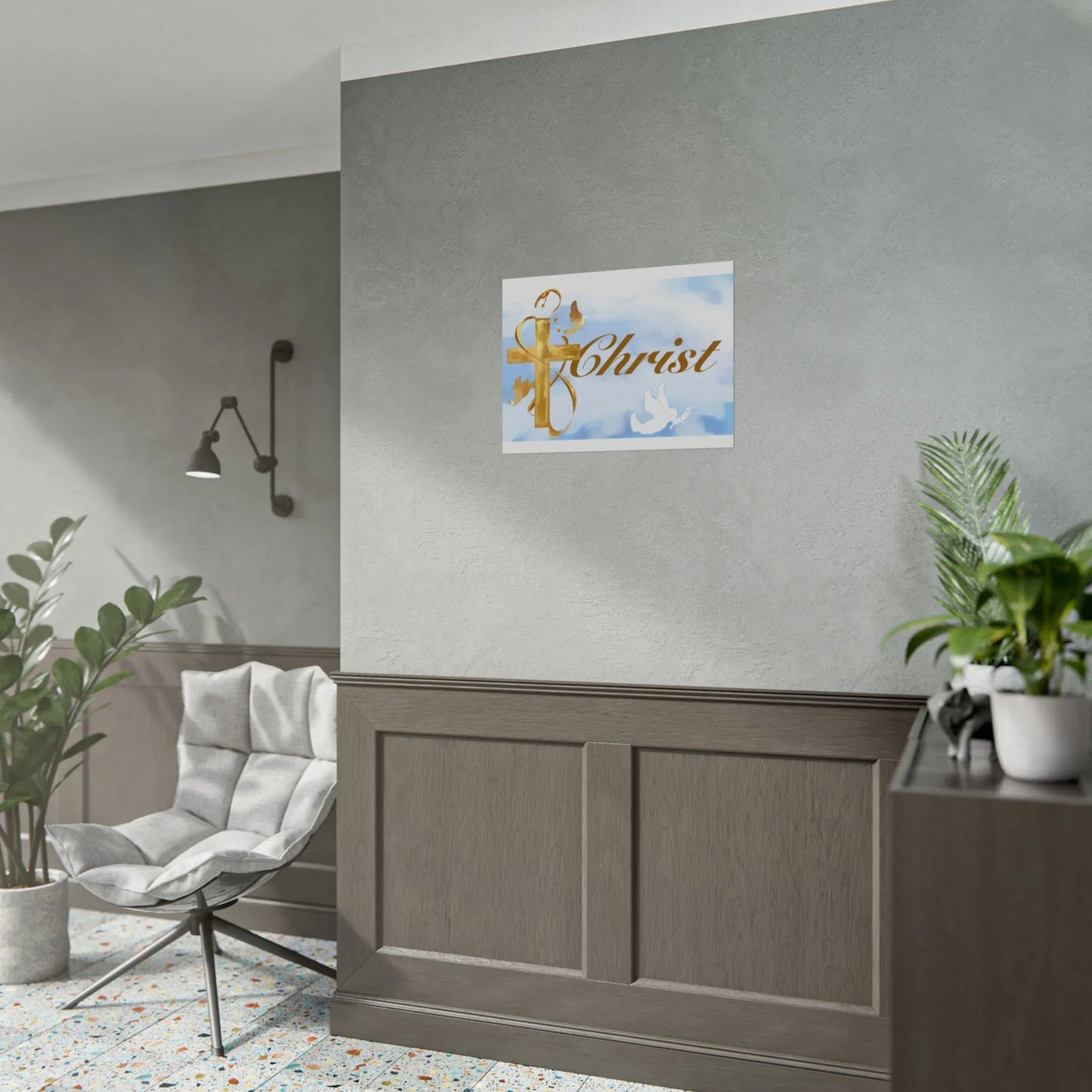 Christian Faith Rolled Poster — Gold Cross & Doves "Christ" Wall Art - Cloud Background Edition - Sheep Of Jesus