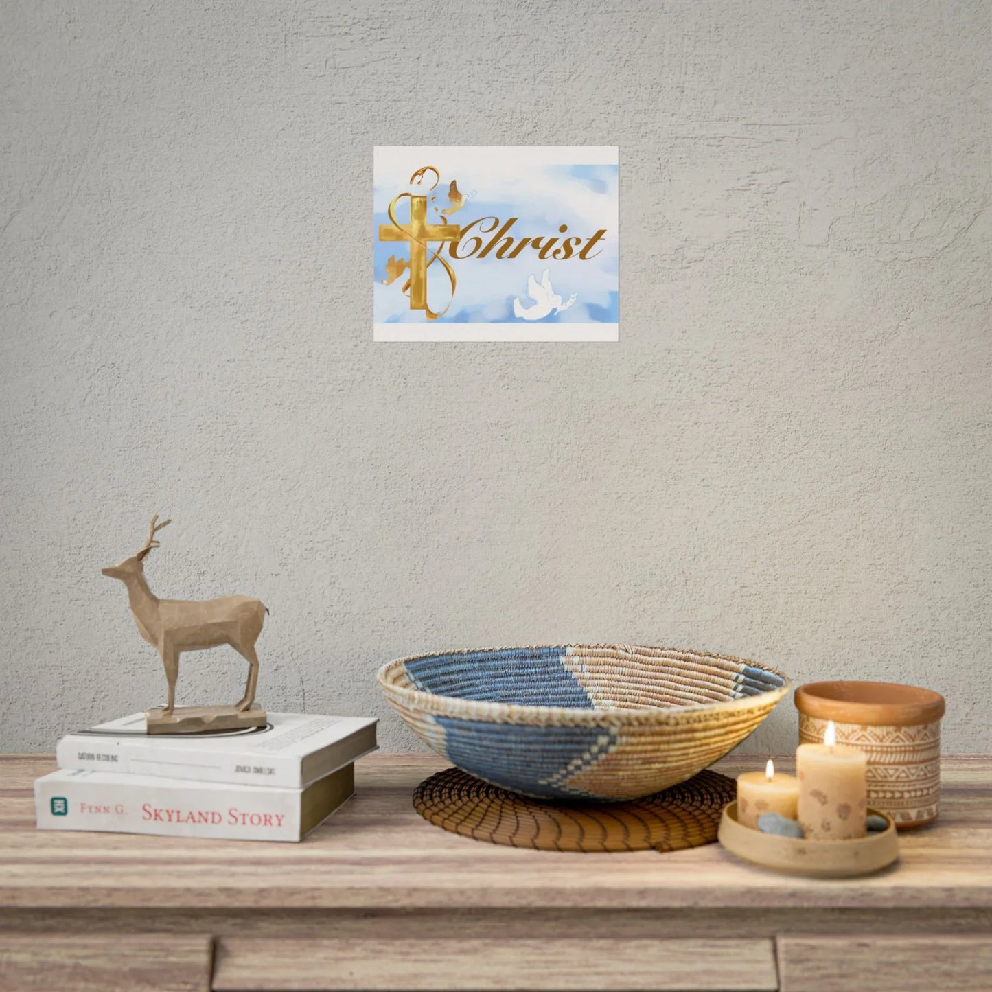 Christian Faith Rolled Poster — Gold Cross & Doves "Christ" Wall Art - Cloud Background Edition - Sheep Of Jesus