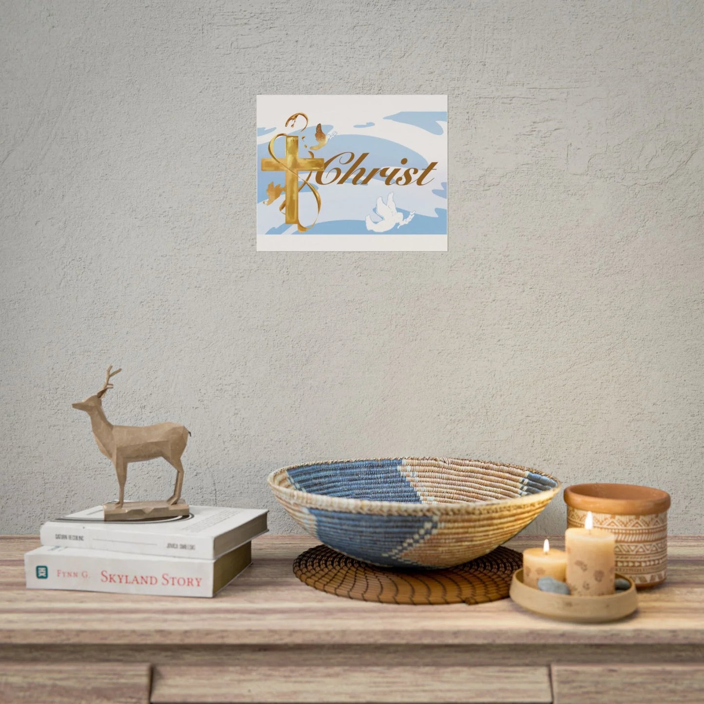 Christian Faith Rolled Poster — Gold Cross & Doves "Christ" Wall Art - Simple Background Edition - Sheep Of Jesus