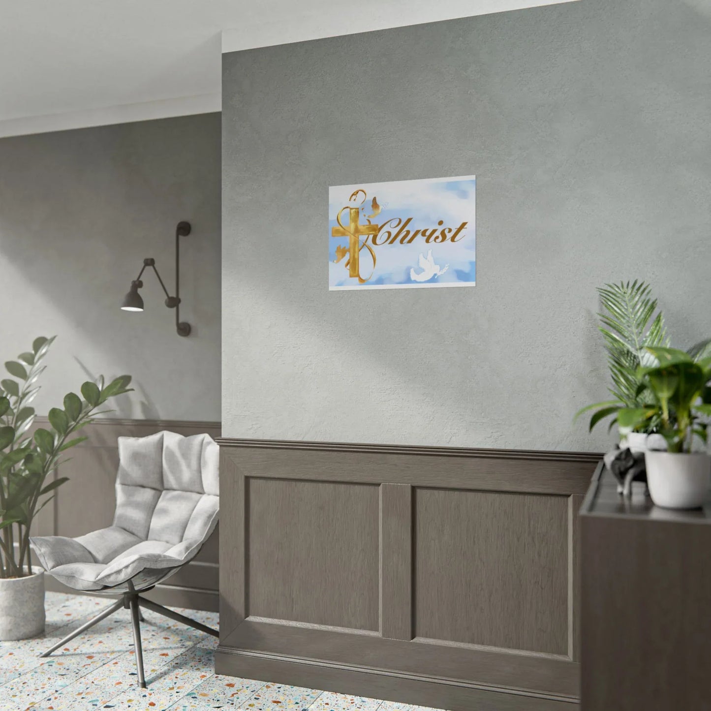 Christian Faith Rolled Poster — Gold Cross & Doves "Christ" Wall Art - Cloud Background Edition - Sheep Of Jesus