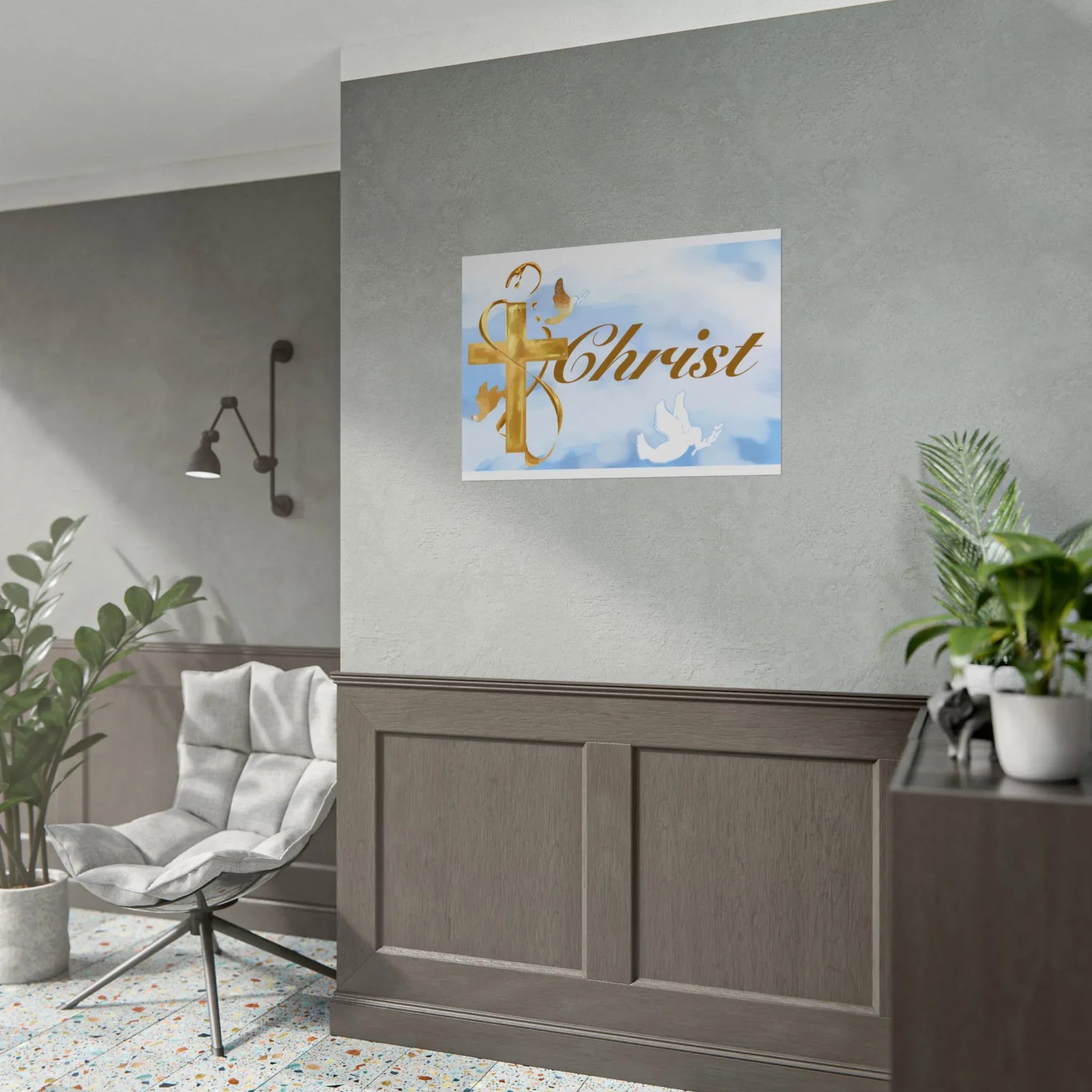 Christian Faith Rolled Poster — Gold Cross & Doves "Christ" Wall Art - Cloud Background Edition - Sheep Of Jesus