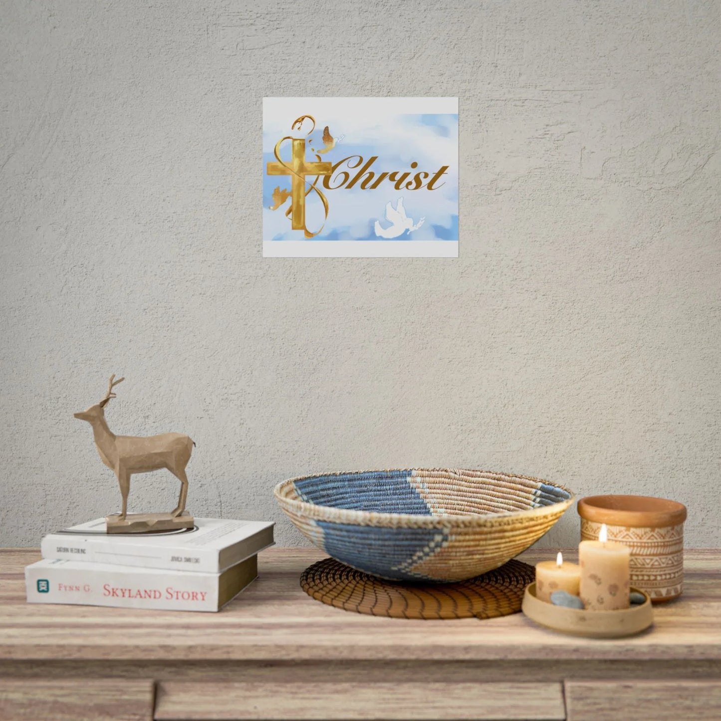 Christian Faith Rolled Poster — Gold Cross & Doves "Christ" Wall Art - Cloud Background Edition - Sheep Of Jesus