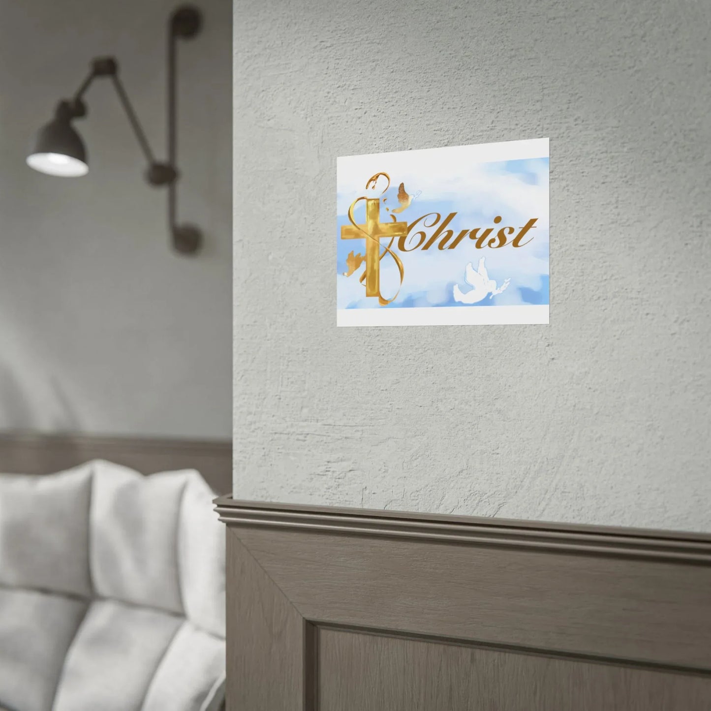 Christian Faith Rolled Poster — Gold Cross & Doves "Christ" Wall Art - Cloud Background Edition - Sheep Of Jesus