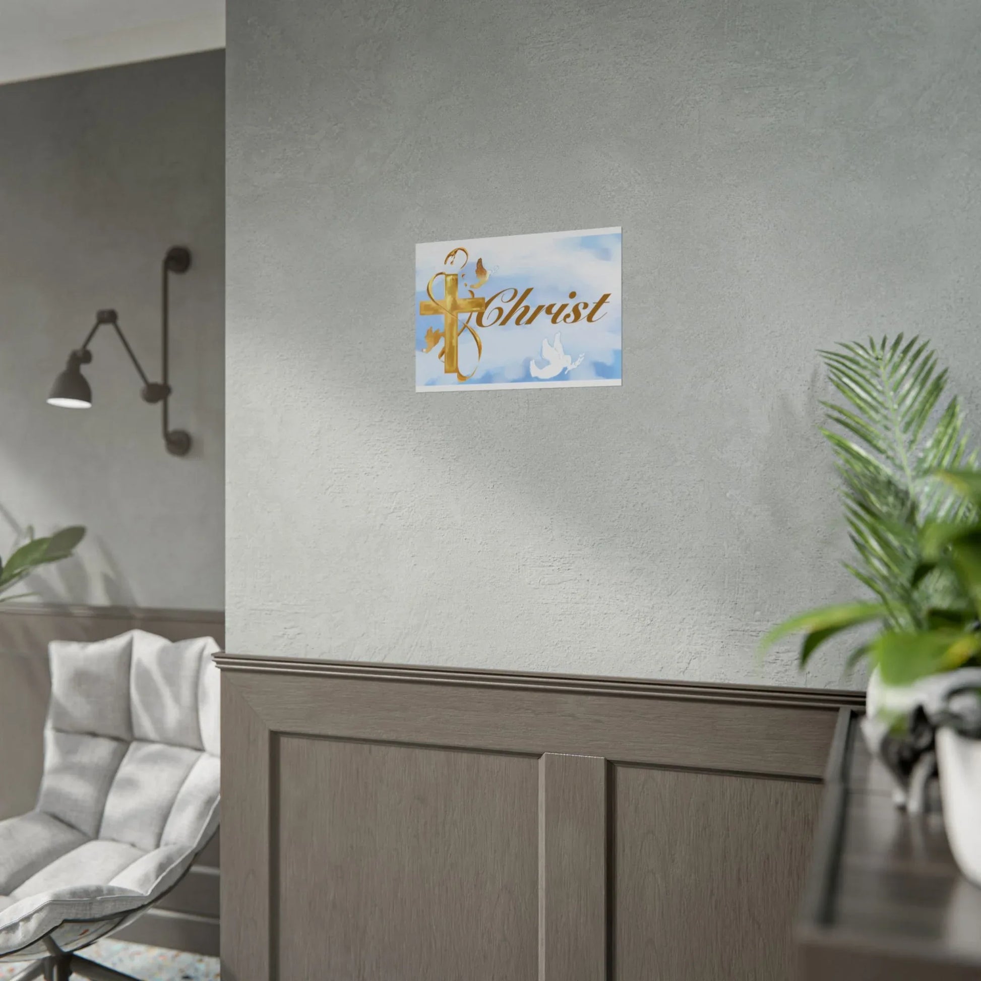 Christian Faith Rolled Poster — Gold Cross & Doves "Christ" Wall Art - Cloud Background Edition - Sheep Of Jesus