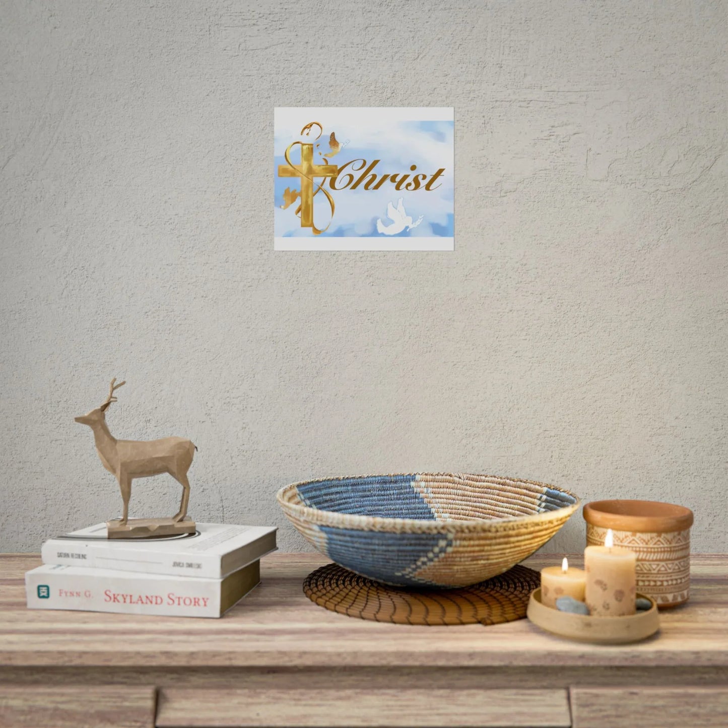 Christian Faith Rolled Poster — Gold Cross & Doves "Christ" Wall Art - Cloud Background Edition - Sheep Of Jesus