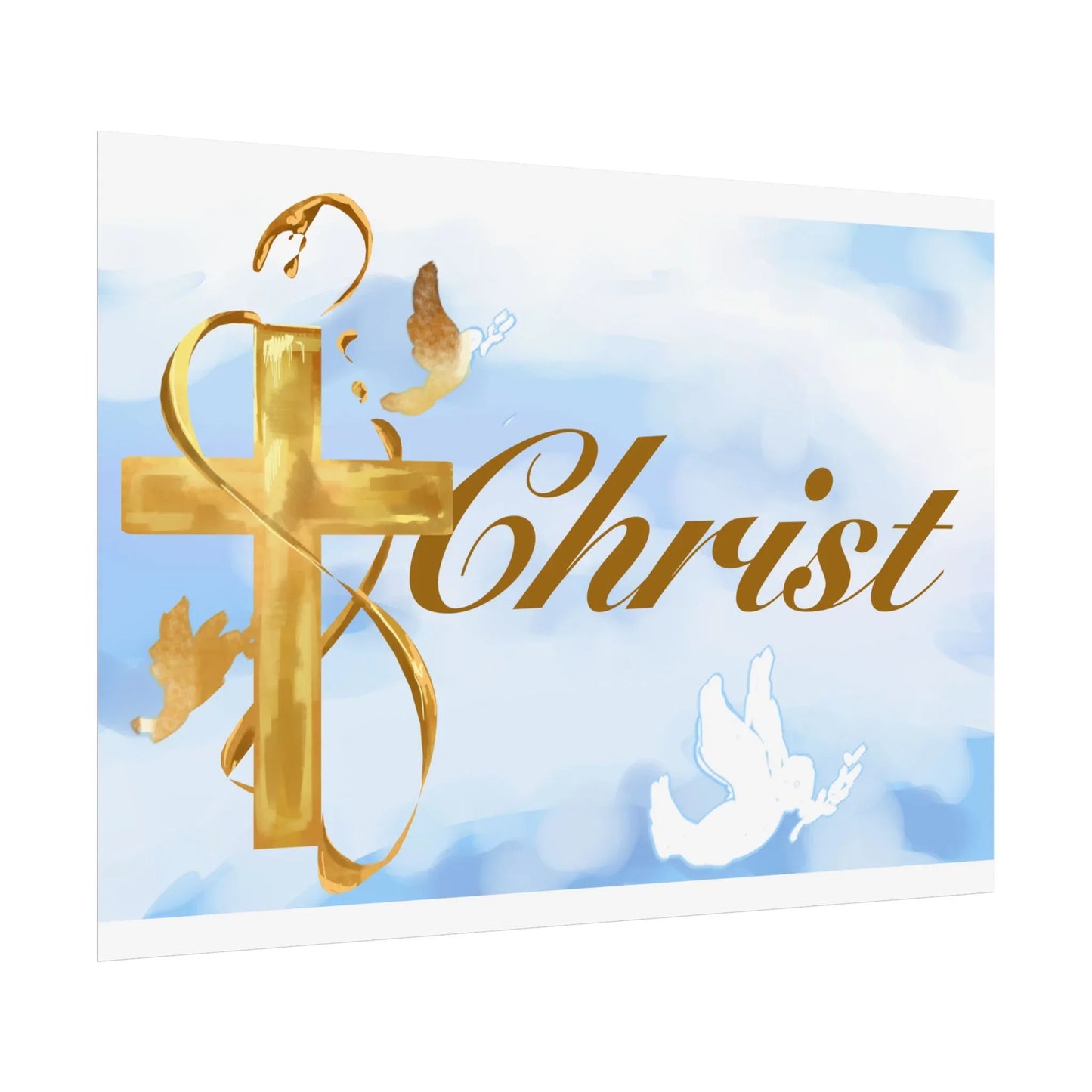 Christian Faith Rolled Poster — Gold Cross & Doves "Christ" Wall Art - Cloud Background Edition - Sheep Of Jesus