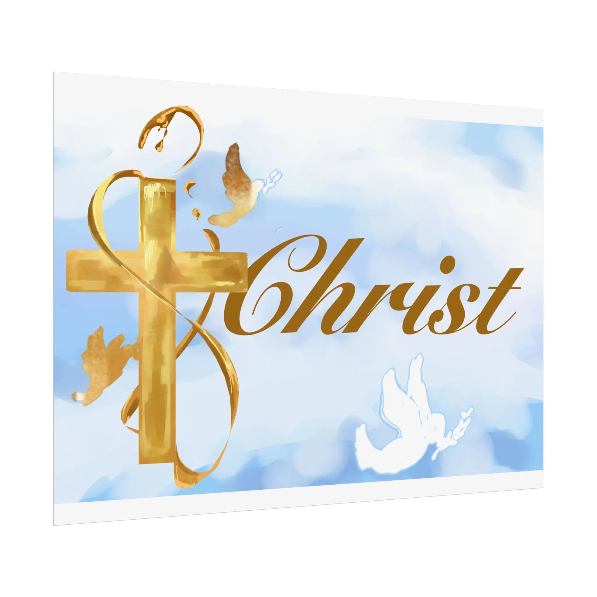 Christian Faith Rolled Poster — Gold Cross & Doves "Christ" Wall Art - Cloud Background Edition - Sheep Of Jesus