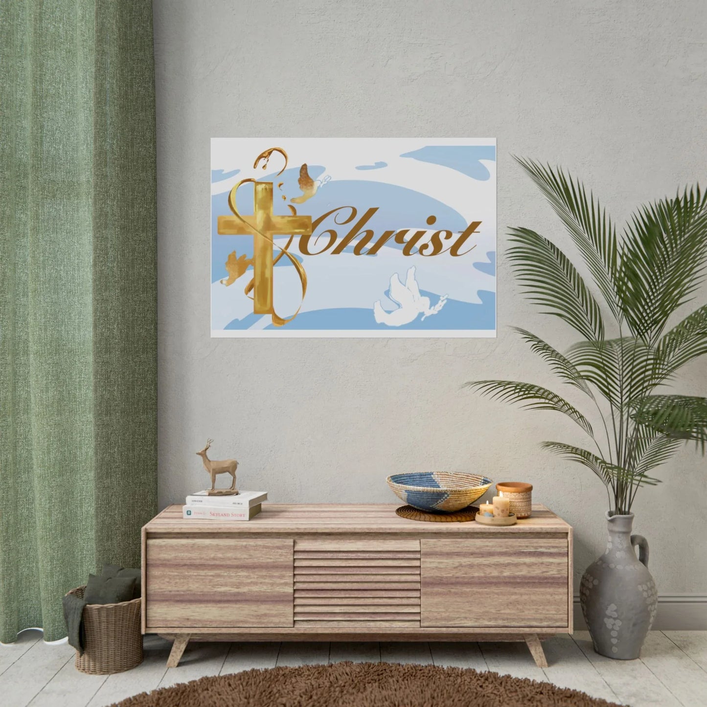 Christian Faith Rolled Poster — Gold Cross & Doves "Christ" Wall Art - Simple Background Edition - Sheep Of Jesus