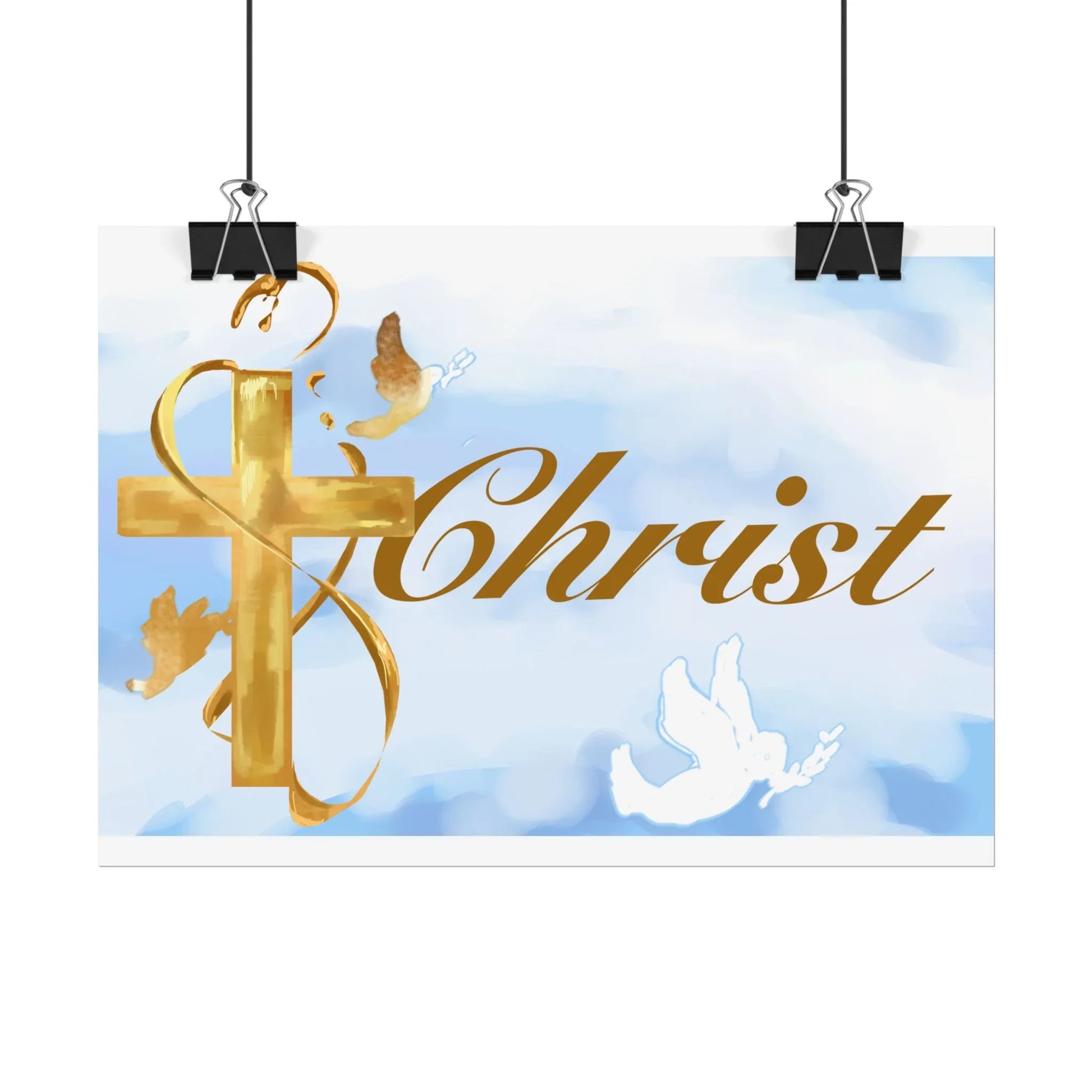 Christian Faith Rolled Poster — Gold Cross & Doves "Christ" Wall Art - Cloud Background Edition - Sheep Of Jesus