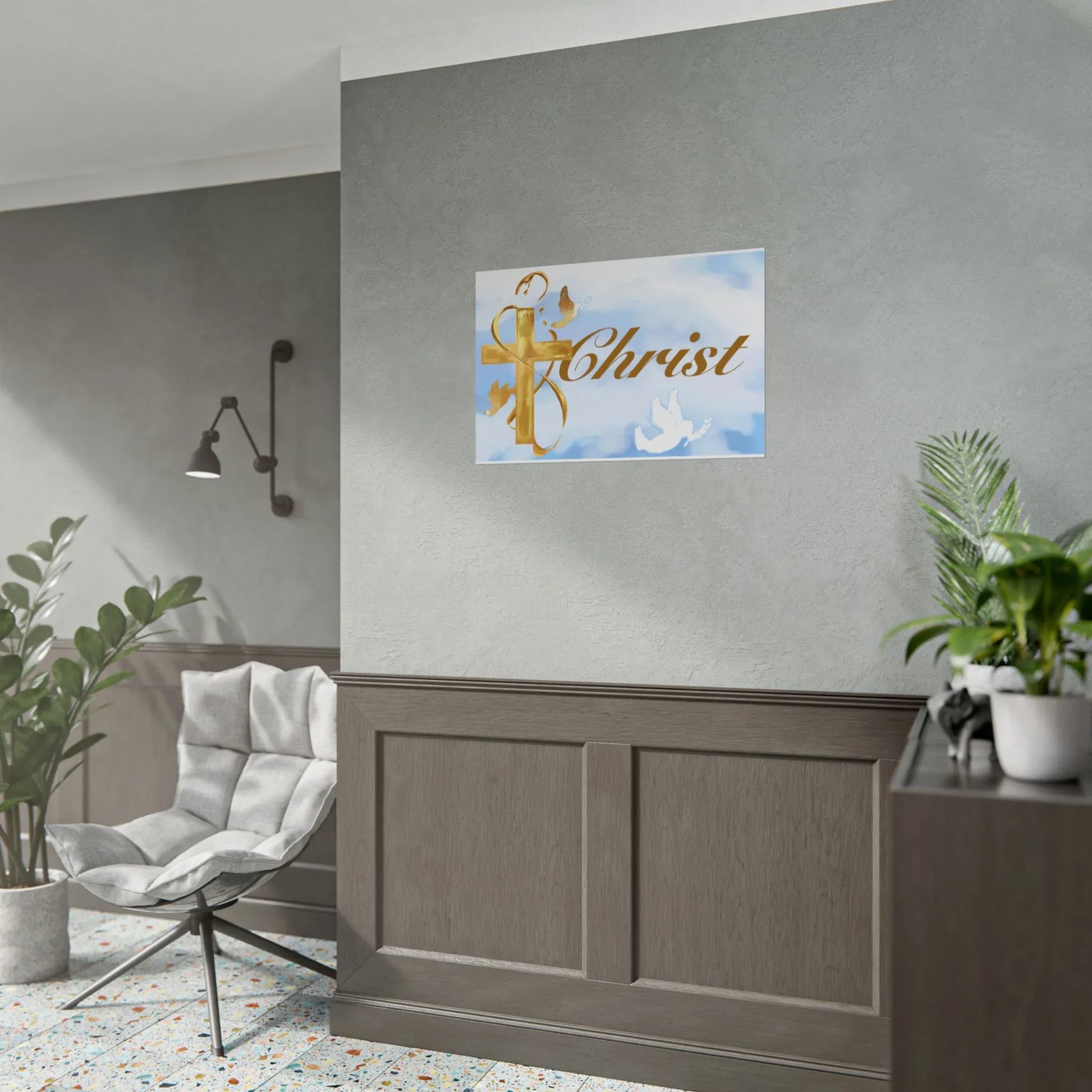 Christian Faith Rolled Poster — Gold Cross & Doves "Christ" Wall Art - Cloud Background Edition - Sheep Of Jesus