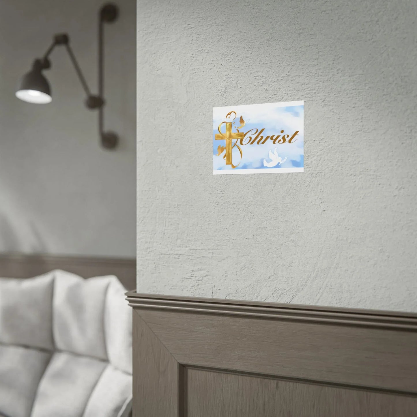 Christian Faith Rolled Poster — Gold Cross & Doves "Christ" Wall Art - Cloud Background Edition - Sheep Of Jesus