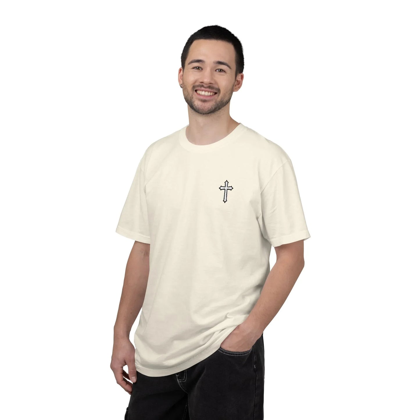 Cross Embroidered Tee T-Shirt | Garment-Dyed Vintage Cotton - Sheep Of Jesus