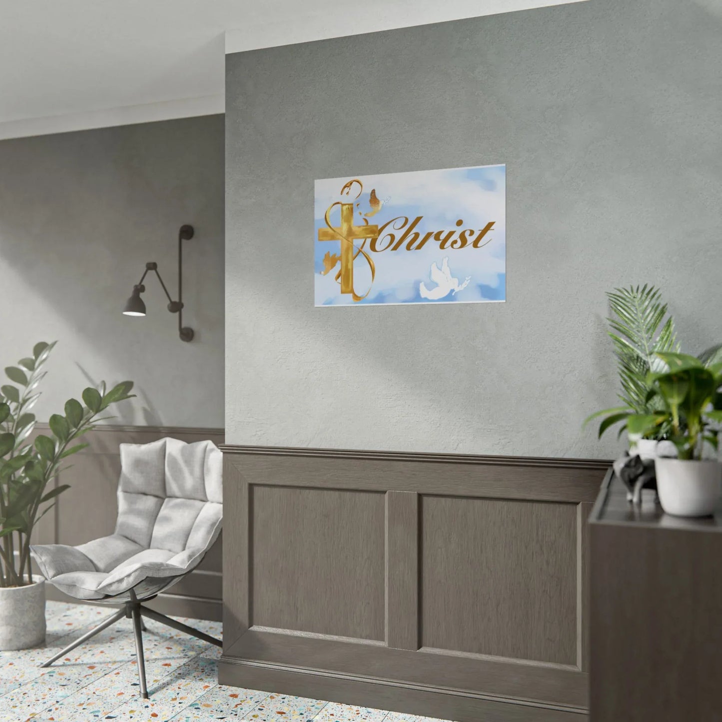 Christian Faith Rolled Poster — Gold Cross & Doves "Christ" Wall Art - Cloud Background Edition - Sheep Of Jesus