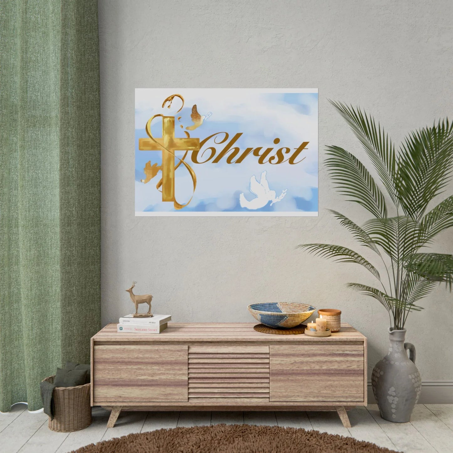 Christian Faith Rolled Poster — Gold Cross & Doves "Christ" Wall Art - Cloud Background Edition - Sheep Of Jesus