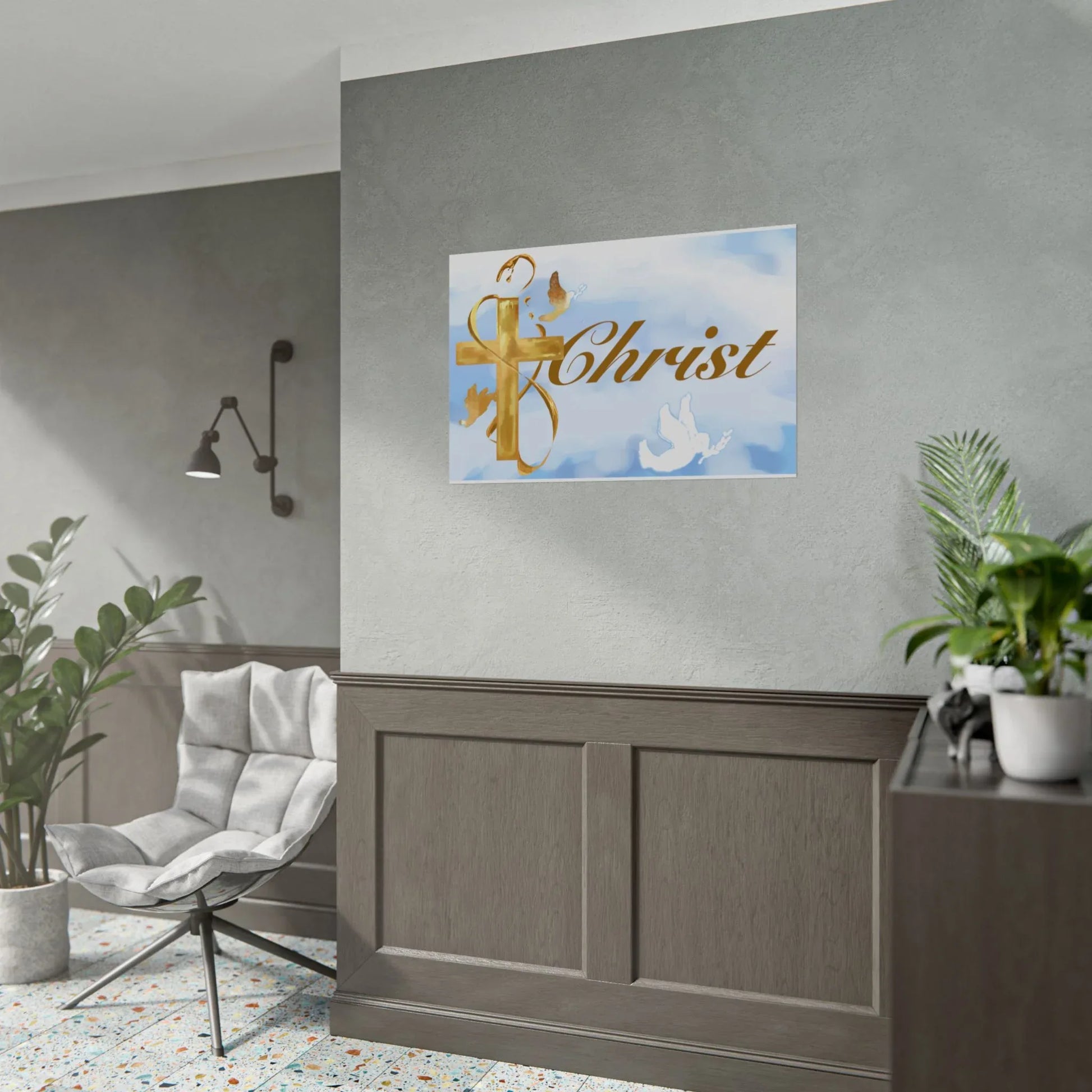 Christian Faith Rolled Poster — Gold Cross & Doves "Christ" Wall Art - Cloud Background Edition - Sheep Of Jesus