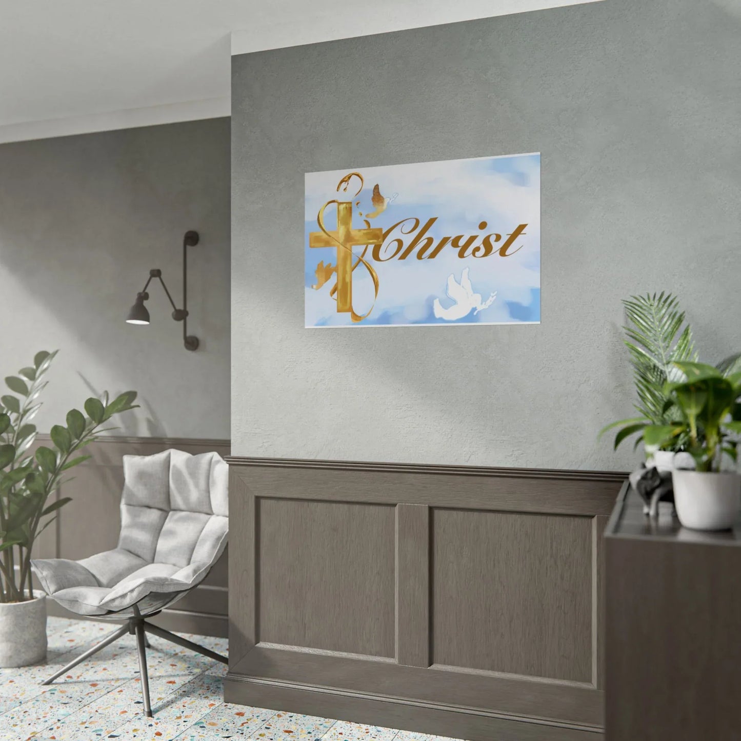 Christian Faith Rolled Poster — Gold Cross & Doves "Christ" Wall Art - Cloud Background Edition - Sheep Of Jesus