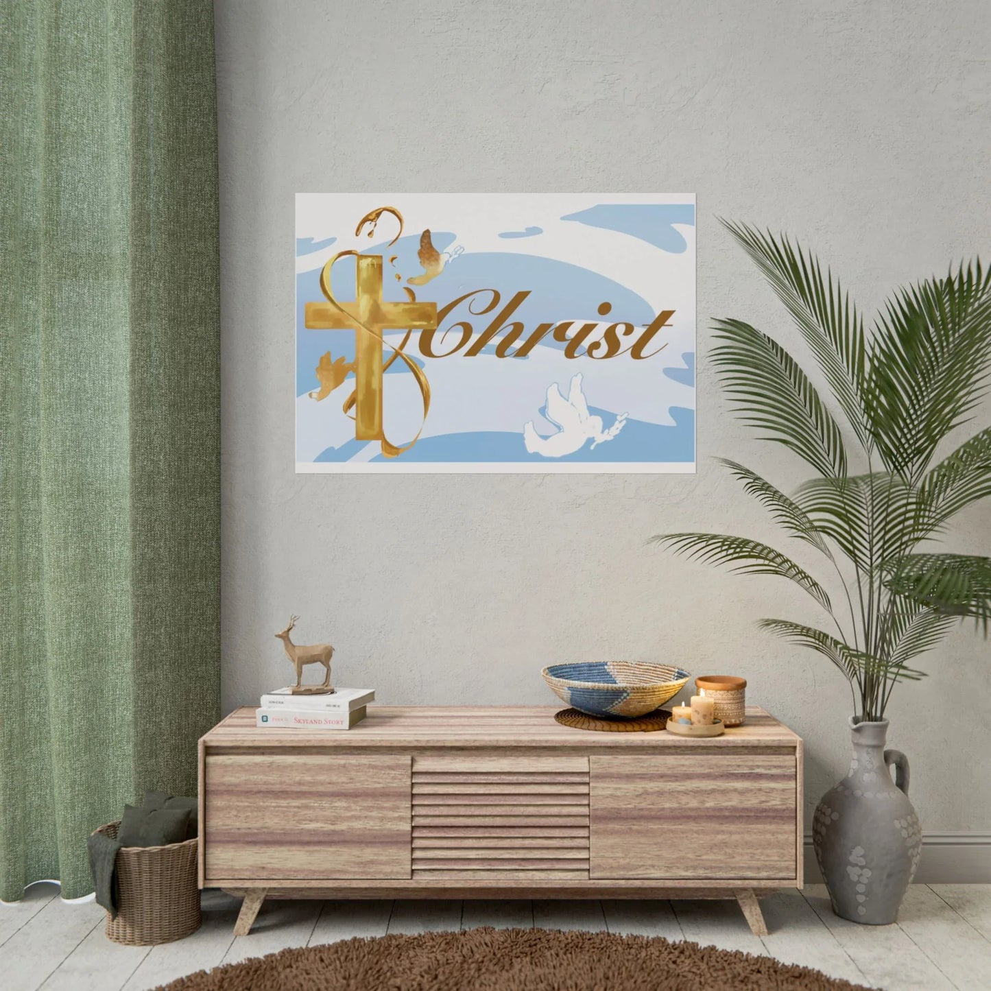 Christian Faith Rolled Poster — Gold Cross & Doves "Christ" Wall Art - Simple Background Edition - Sheep Of Jesus